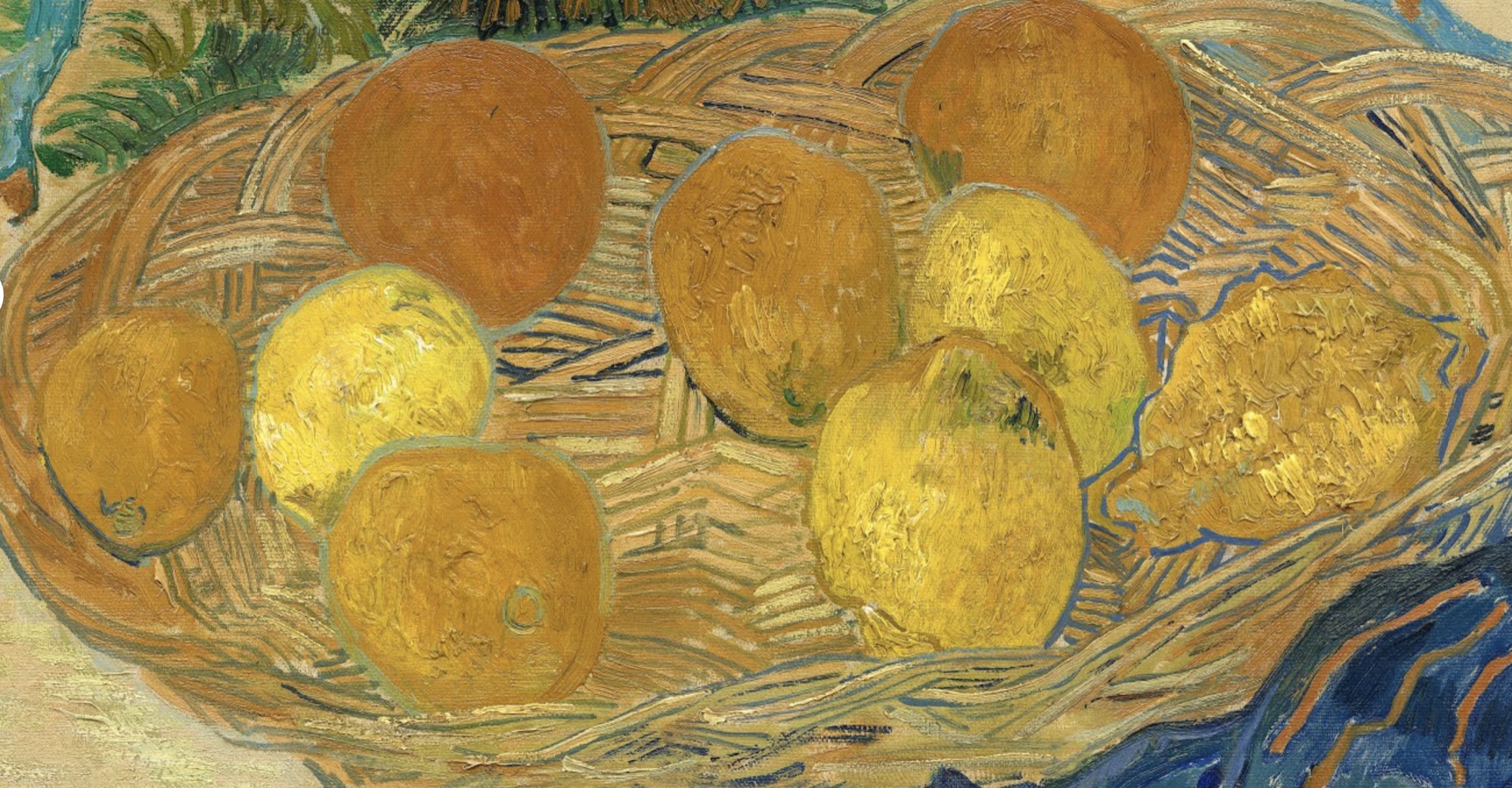 Detail of a Van Gogh painting: oranges and lemons in a woven basket, painted in thick, rapid brushstrokes