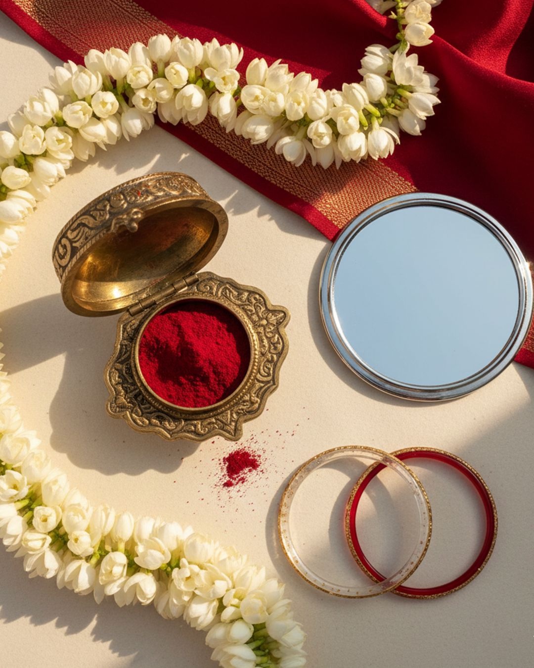 An open brass box of sindoor beside a mirror, red and gold bangles, jasmine garlands and red silk